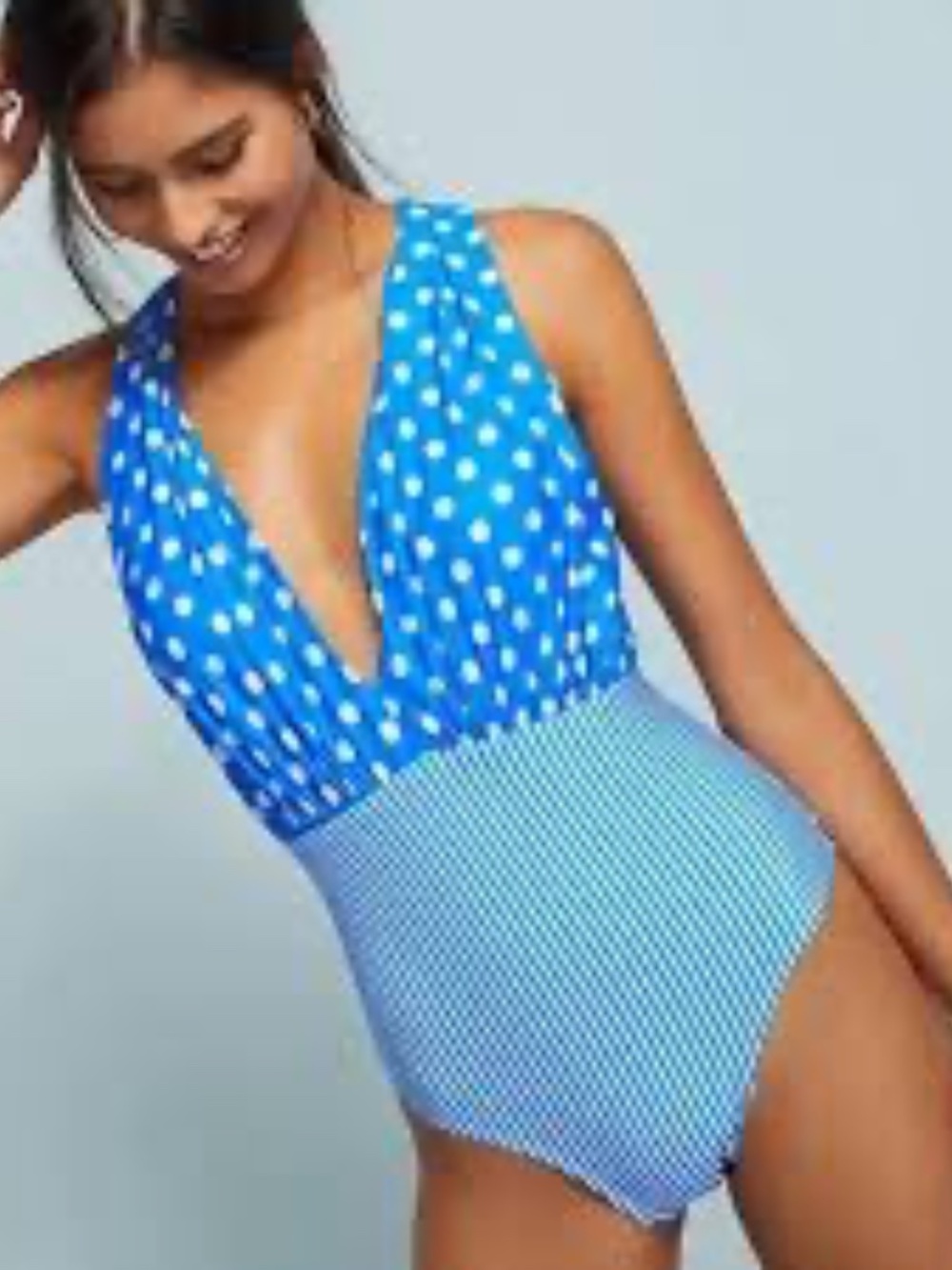 Anthropologie Allihop One Piece Swimsuit NEW Large Blue Plunge Polka Dot Stripes